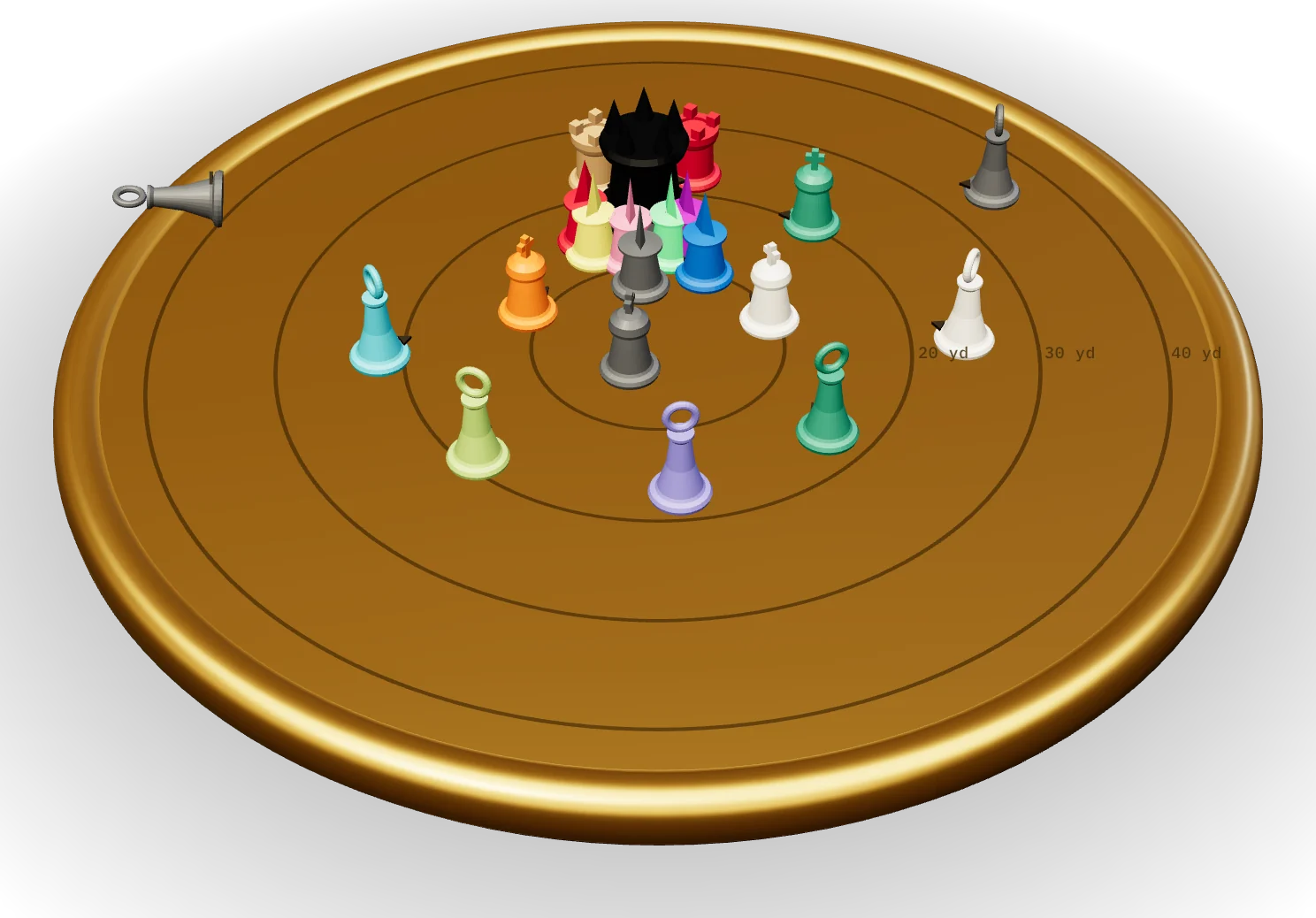 The Vantage board: a gold disc with range rings, the boss and twenty raider pieces in class colours